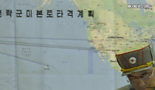 Superimposed U.S. map on NK propaganda photo with blank map outline with arrows