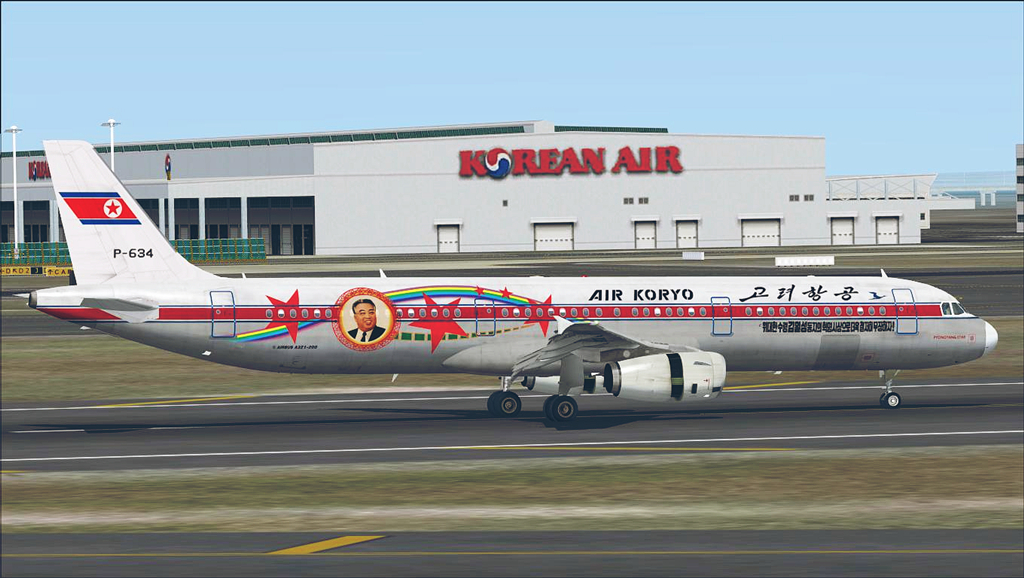 A screenshot from a flight simulator showing an Air Koryo airplane with a portrait of Kim Il-sung on its fuselage, taxiing on a runway in front of a Korean Air building.