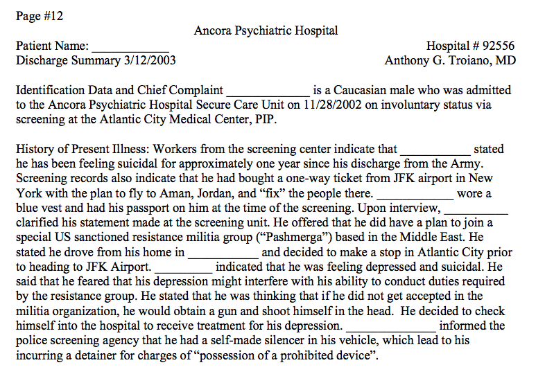 A discharge summary document from Ancora Psychiatric Hospital dated March 12, 2003, detailing the psychiatric history and legal issues of a redacted patient.