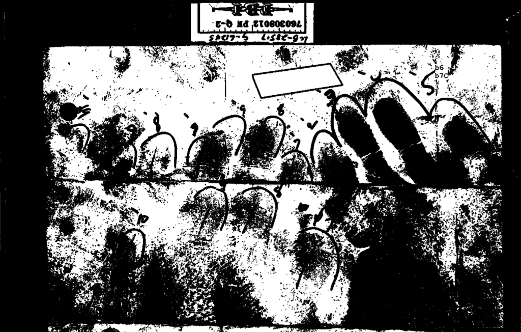 A high-contrast black and white scan of a forensic document showing multiple sets of fingerprints, numbered and circled, with an FBI evidence tag at the top.