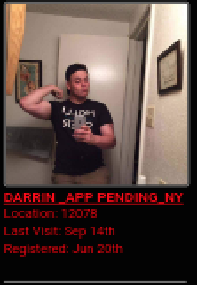 A screenshot of a profile for 'DARRIN_APP PENDING_NY' featuring a mirror selfie of a young man with dark hair flexing his arm, wearing a black Hollister t-shirt. Text below lists location 12078 and activity dates.
