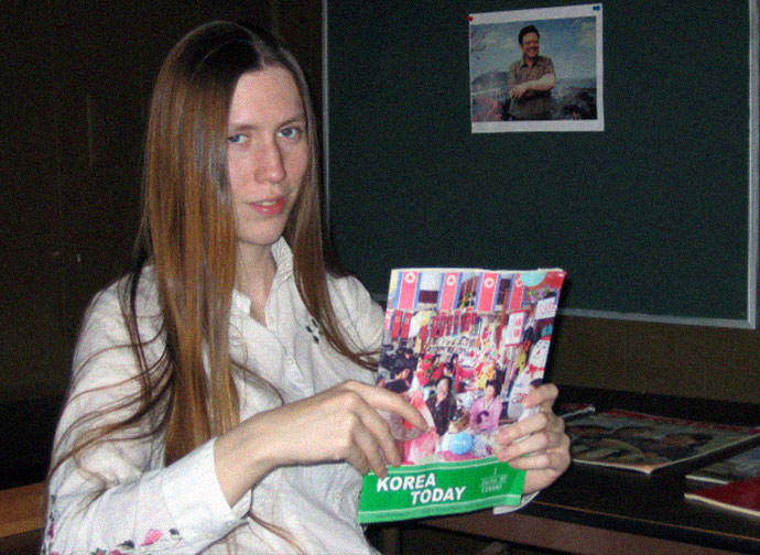 Jillian Hoy with North Korean propaganda