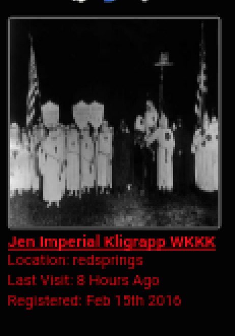 A screenshot of a digital profile for 'Jen Imperial Kligrapp WKKK' featuring a grainy black and white photograph of several individuals in Ku Klux Klan robes and hoods standing outdoors at night.