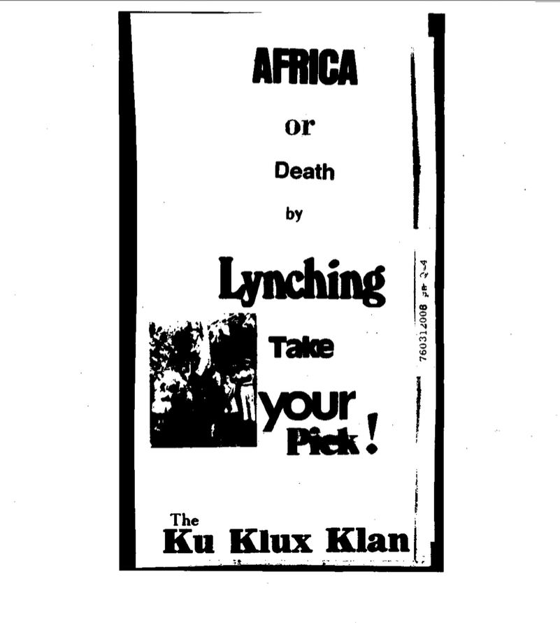 A racist Ku Klux Klan flyer with the text 'AFRICA or Death by Lynching Take your Pick!' and a small grainy photograph.