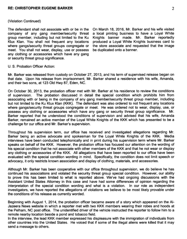 A document titled 'RE: CHRISTOPHER EUGENE BARKER' detailing probation violations and activities related to the Loyal White Knights of the Ku Klux Klan. It mentions Barker's residence in Eden, NC, and an Al-Jazeera News story involving KKK members in Pelham, NC.
