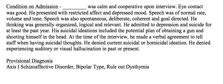 A document snippet describing a patient's mental health condition on admission, including a provisional diagnosis of Schizoaffective Disorder, Bipolar Type.