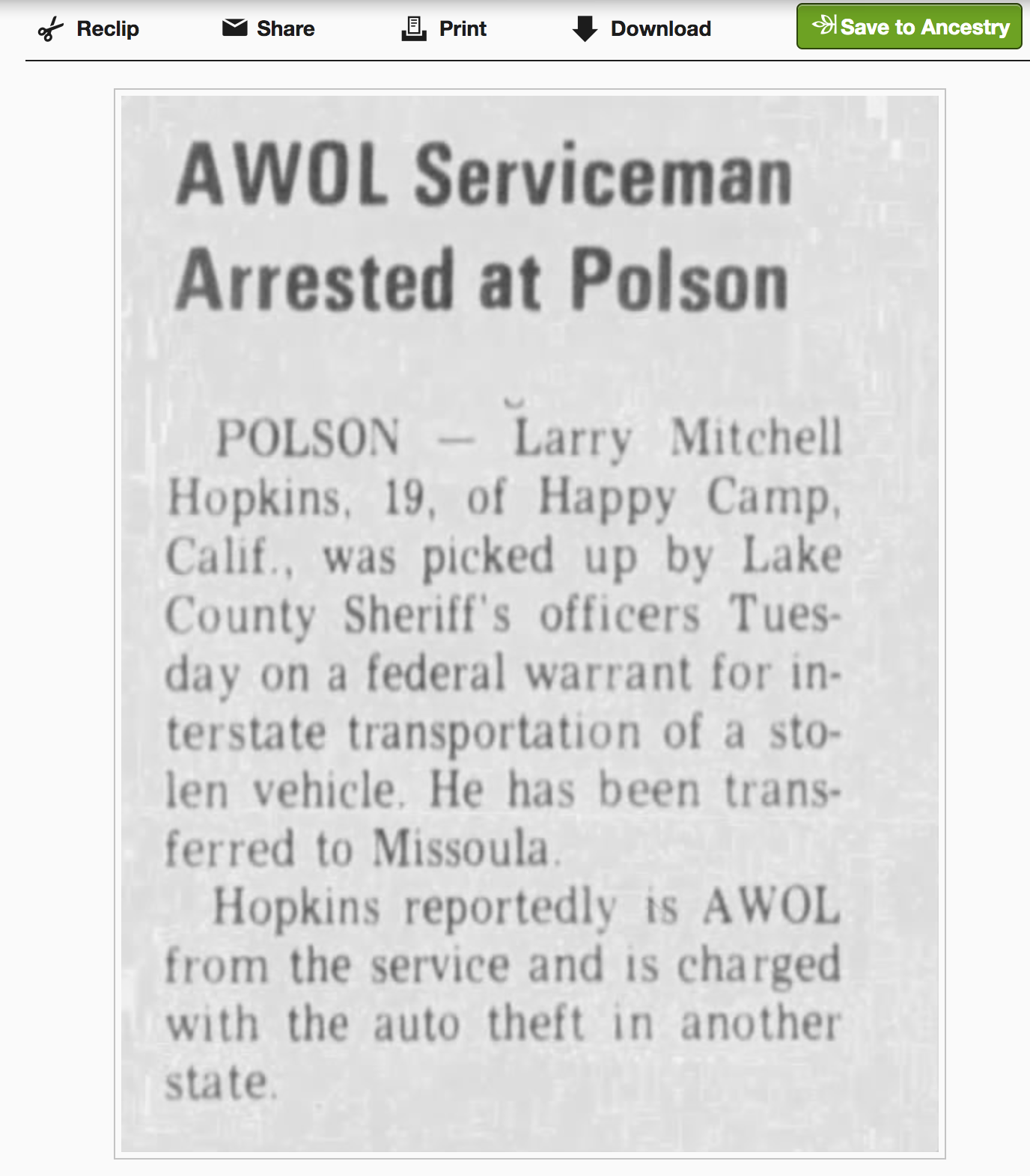 A newspaper clipping titled 'AWOL Serviceman Arrested at Polson' detailing the arrest of 19-year-old Larry Mitchell Hopkins for interstate transportation of a stolen vehicle and being AWOL from the service.
