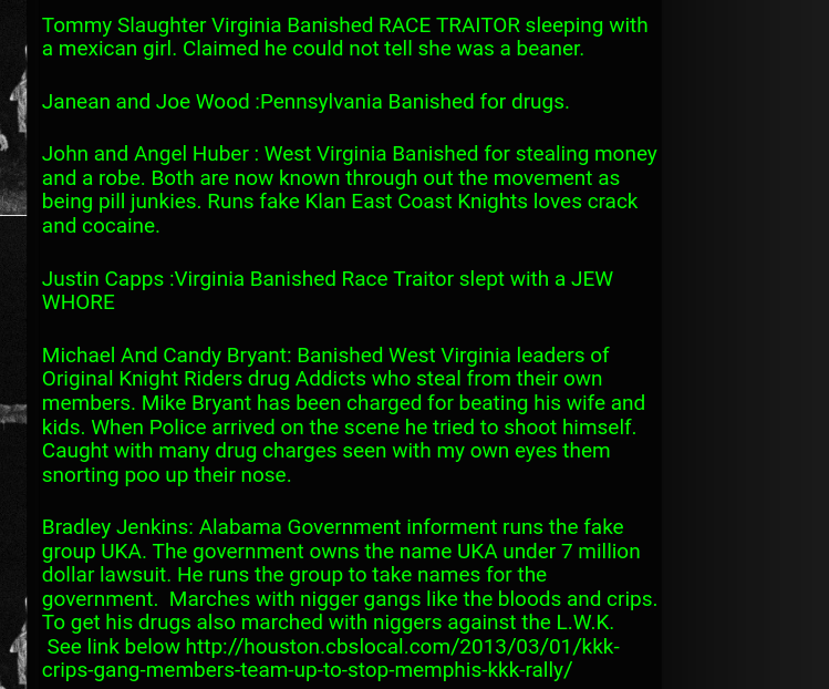 A screenshot of green text on a black background listing individuals banished from an extremist group, including names and derogatory reasons for their expulsion.