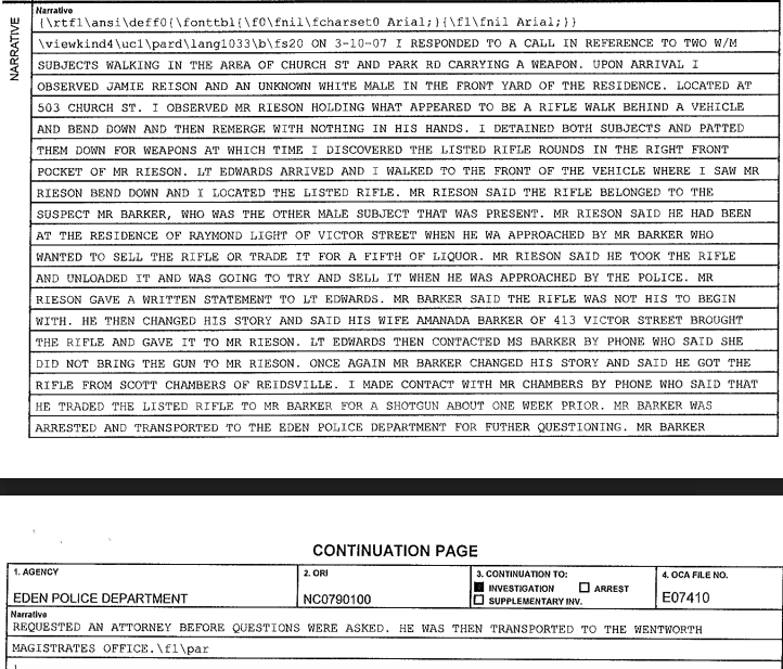 A police report continuation page from the Eden Police Department detailing a narrative about an incident on March 10, 2007, involving Jamie Rieson and Mr. Barker regarding a rifle and subsequent arrest.