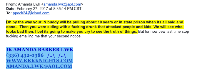 A screenshot of an email from Amanda Barker (LWK) dated February 27, 2017, containing threats and references to the KKK. The text includes a highlighted section about someone going to prison and a signature with a phone number and the website KKKNIGHTS.COM.