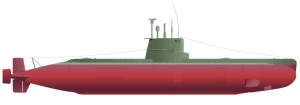 A profile illustration of a North Korean Sang-O class submarine with a green upper hull and a red lower hull against a white background.