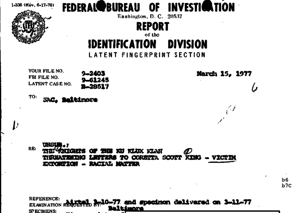 A scanned FBI report from March 15, 1977, regarding the Knights of the Ku Klux Klan and threatening letters sent to Coretta Scott King.