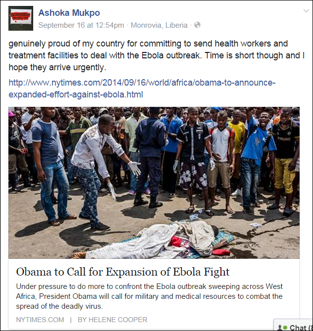 From Ashoka Mukpo's Face book page shortly before he was stricken with Ebola