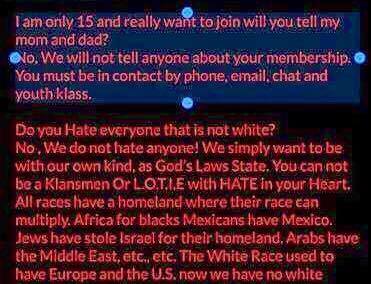 A screenshot of red text on a black background featuring a Q&A about joining the Ku Klux Klan, including mentions of 'youth klass' and racial segregation ideologies.