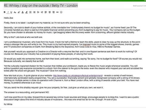 Letter from Musician Outraged One last Time at being Asked to Give His Music for Free to For Profit Company