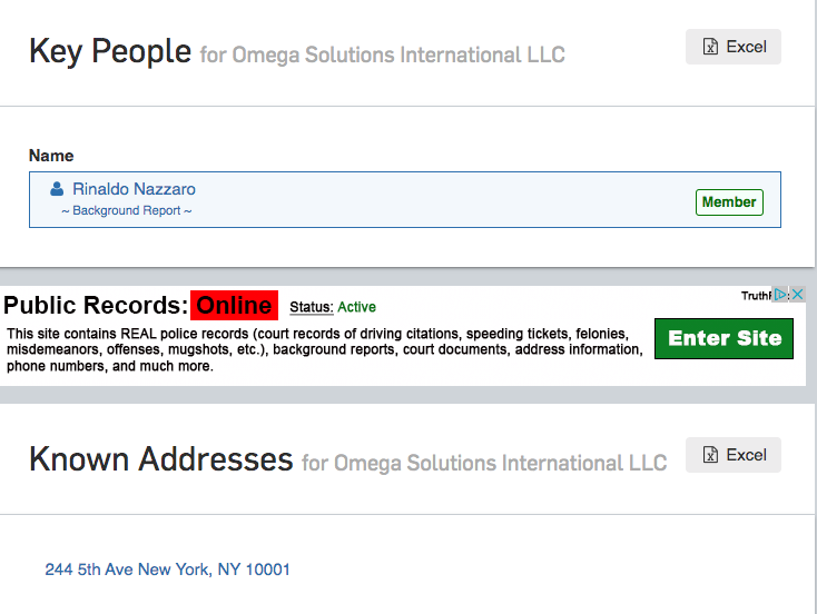 A screenshot of a database entry for Omega Solutions International LLC, listing Rinaldo Nazzaro as a key person and an address at 244 5th Ave, New York, NY.