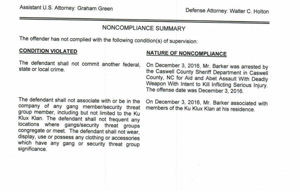 A legal document titled 'NONCOMPLIANCE SUMMARY' detailing probation violations by Christopher Barker, including an arrest for assault with a deadly weapon and association with the Ku Klux Klan.