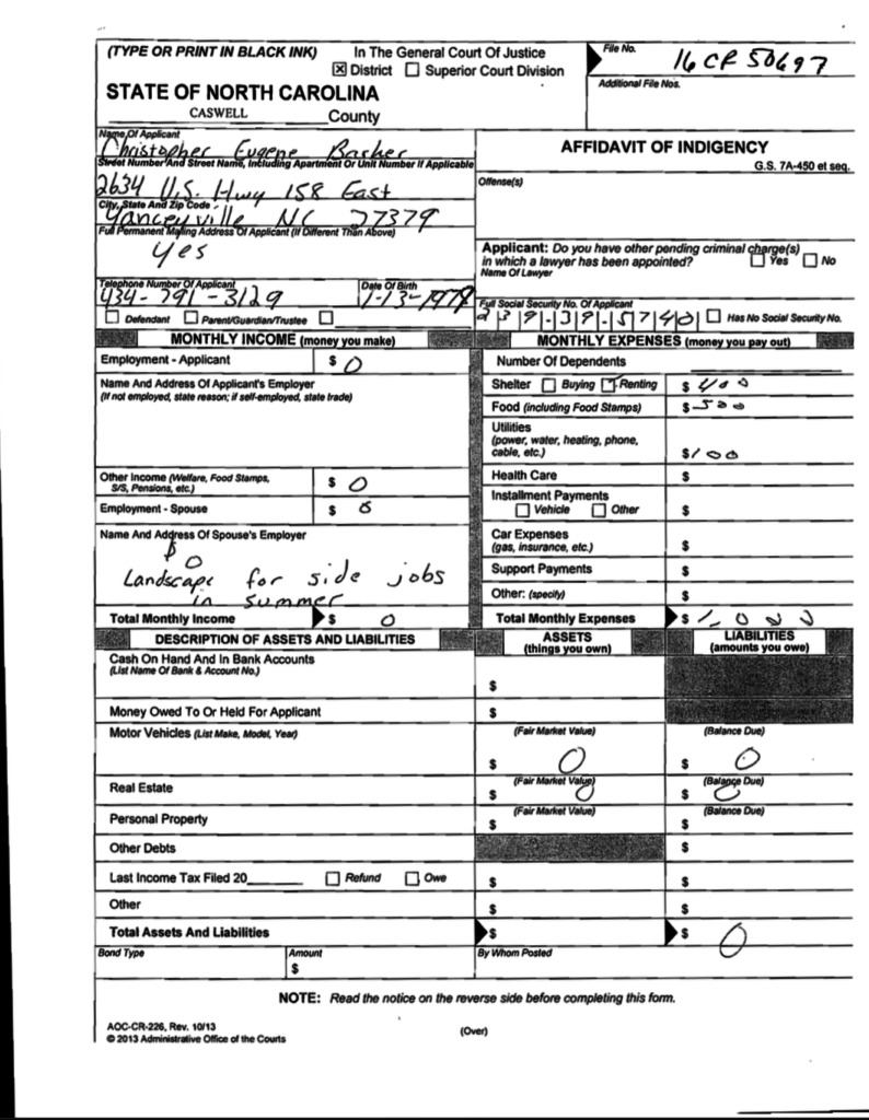 A scan of a legal document titled 'AFFIDAVIT OF INDIGENCY' from the State of North Carolina, Caswell County, for applicant Christopher Eugene Barker.