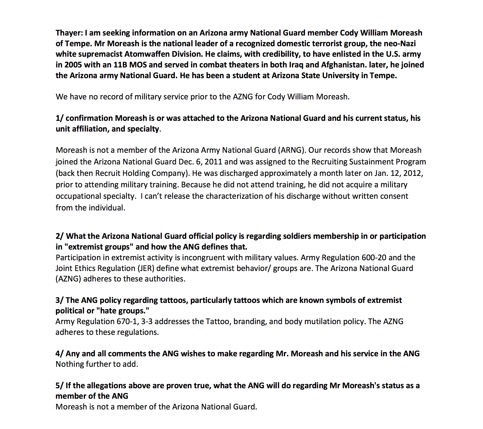 A document detailing an investigation by Nate Thayer into Cody William Moreash, a leader of the neo-Nazi Atomwaffen Division. The text includes inquiries to the Arizona National Guard about Moreash's military service and the Guard's policies on extremist groups.