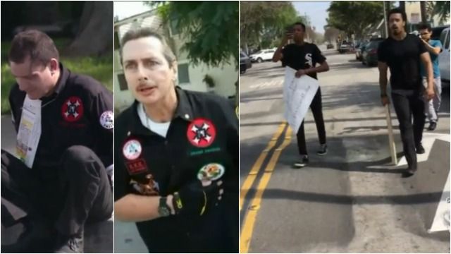 A three-panel collage showing stills from a confrontation. The first two panels show a Caucasian man in a black shirt with KKK patches. The third panel shows two Black men on a street, one holding a sign and the other a wooden club.