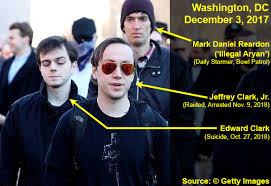 A photograph from Washington, DC, dated December 3, 2017, showing three men identified with yellow arrows and text as Mark Daniel Reardon, Jeffrey Clark, Jr., and Edward Clark. The men are walking in a crowd.