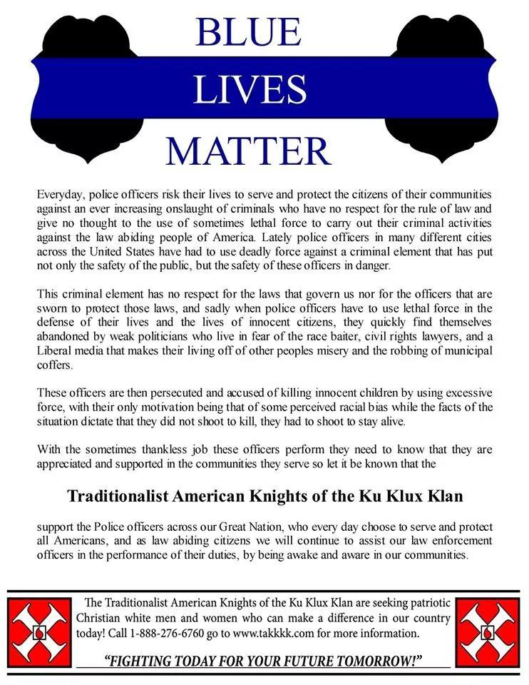 A poster supporting police officers distributed by the KKK in the wake of the Ferguson incident in August 2014