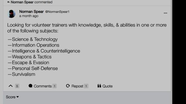 A screenshot of a social media post by Norman Spear (@NormanSpear1) seeking volunteer trainers for subjects including Science & Technology, Information Operations, Intelligence & Counterintelligence, Weapons & Tactics, Escape & Evasion, Personal Self-Defense, and Survivalism.