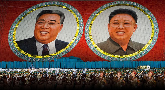Portraits of the Kims at 2012 Mass Games | Picture: E. Lafforgue