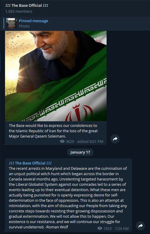 A screenshot of a Telegram channel titled 'The Base Official'. It features a post with an image of Qasem Soleimani and the Iranian flag, followed by a text message signed by 'Roman Wolf' regarding arrests of group members.