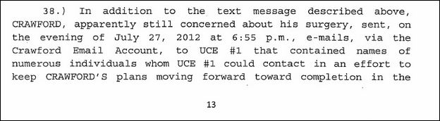 A snippet of a typewritten document, numbered 38, detailing emails sent by an individual named Crawford on July 27, 2012, regarding plans and contacts. Page number 13 is visible at the bottom.