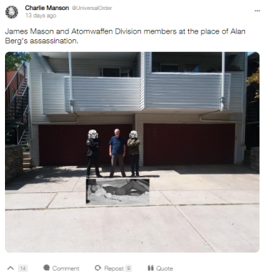 A screenshot of a social media post by 'Charlie Manson @UniversalOrder' showing three men standing in front of a residential garage. The central figure is an older Caucasian man with white hair, identified in the caption as James Mason. Two men flanking him have their faces obscured by skull masks. A black and white photo of a body is superimposed on the driveway in front of them.