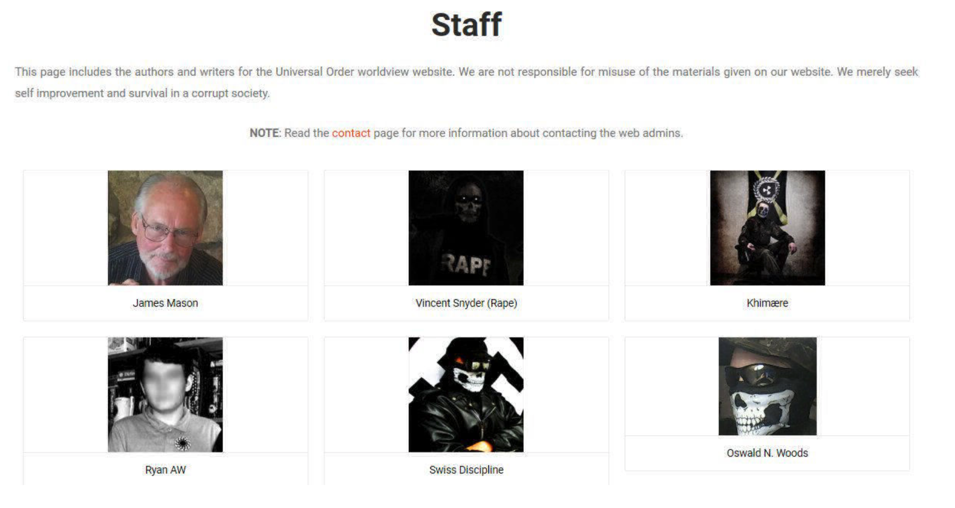 A screenshot of a 'Staff' page for the Universal Order website, showing profile pictures and names for six individuals: James Mason, Vincent Snyder (Rape), Khimære, Ryan AW, Swiss Discipline, and Oswald N. Woods.