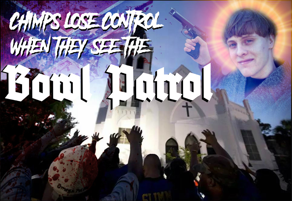 A white supremacist meme featuring a portrait of Dylann Roof with a halo and a handgun, superimposed over a church and a crowd of people. The text reads 'CHIMPS LOSE CONTROL WHEN THEY SEE THE Bowl Patrol' against a Confederate flag background.