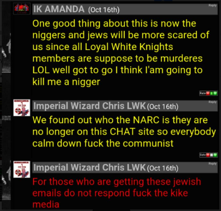 A screenshot of an online chat forum featuring messages from 'IK AMANDA' and 'Imperial Wizard Chris LWK'. The messages contain white supremacist rhetoric, racial slurs, and threats of violence related to the Loyal White Knights of the KKK.