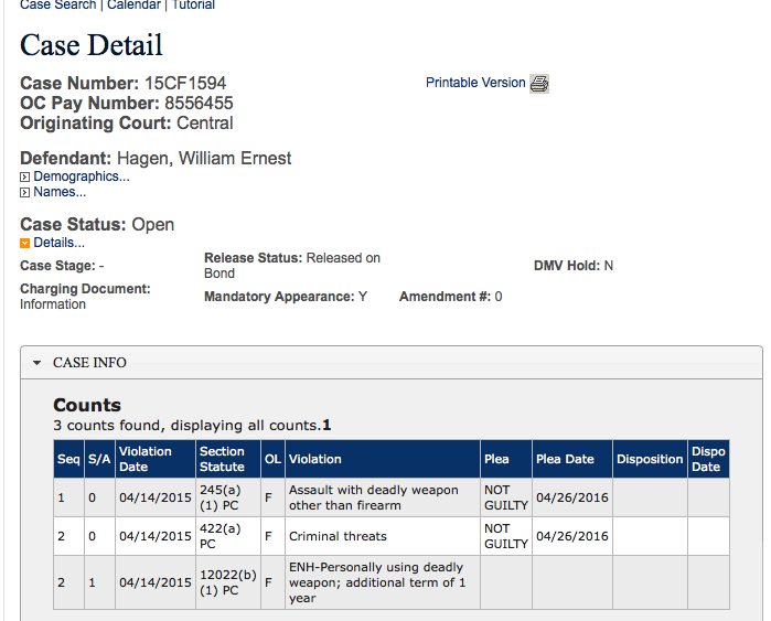 A screenshot of a court case detail page for defendant William Ernest Hagen, showing case number 15CF1594 and charges including assault with a deadly weapon and criminal threats.