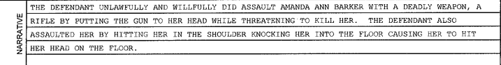 A snippet of a legal document narrative describing an assault on Amanda Ann Barker with a rifle.