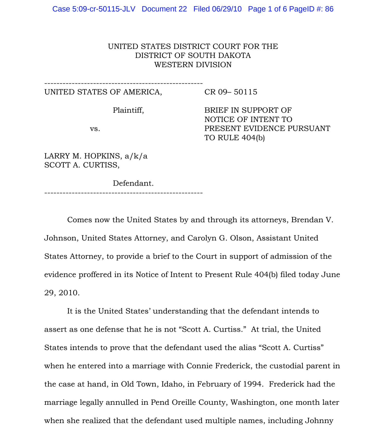 2010 South Dakota federal charging document pursuing Hopkins through numerous states on non-payment of 16 year old court ordered child support.