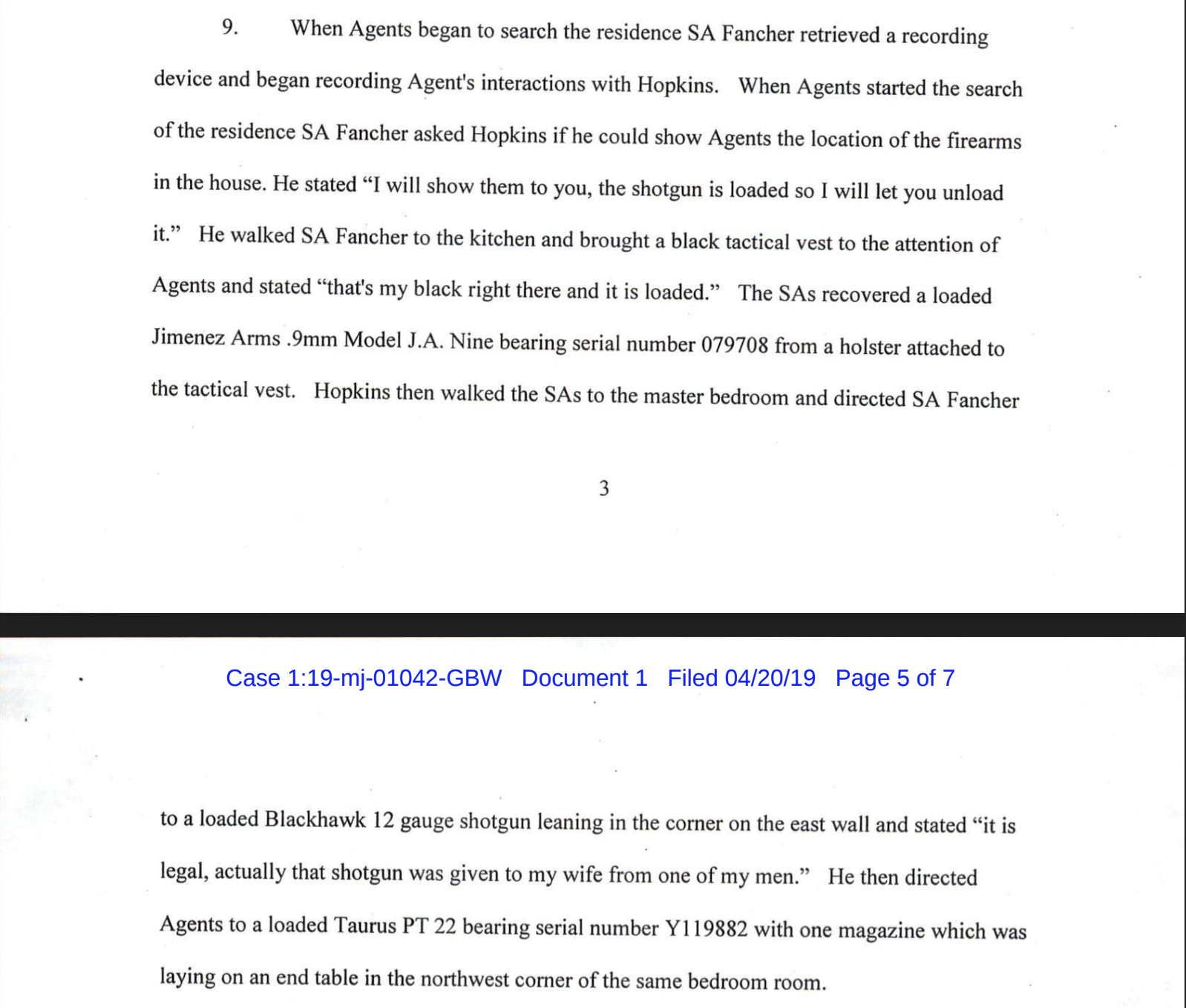 A screenshot of a legal document detailing a search of a residence and the recovery of firearms from a person named Hopkins.