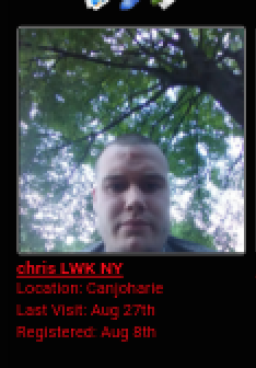 A screenshot of a digital profile for a user named 'chris LWK NY' from Canajoharie. The profile includes a low-resolution photograph of a Caucasian male with a buzzed head, positioned against a backdrop of green trees.