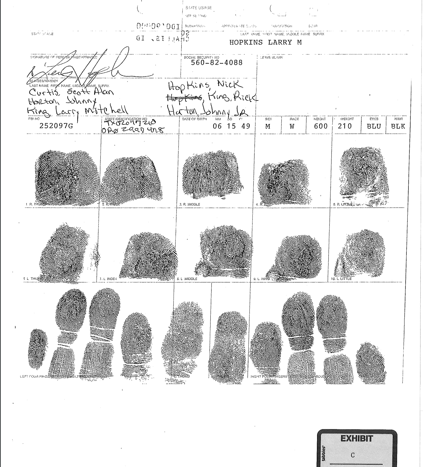 Fingerprints of Larry Mitchell Hopkins listing several aliases in a 2010 South Dakota federal court document indictment of Hopkins for failure to pay child support