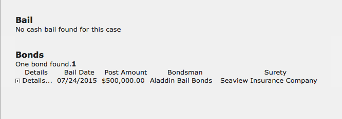 A screenshot of a legal record showing bail and bond information. It states 'No cash bail found' and lists one bond of $500,000.00 posted on 07/24/2015 by Aladdin Bail Bonds with Seaview Insurance Company as the surety.