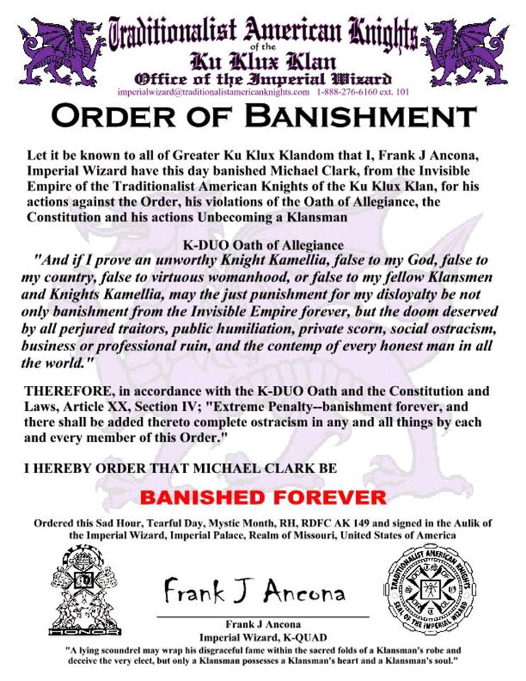 The official banishment document from the Ku Klux Klan for Michael Clark, the former state leader--or Grand Dragon--of the South Carolina chapter of the KKK