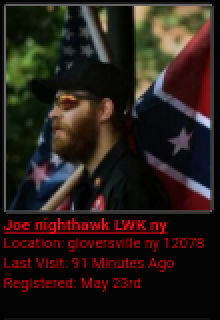 A screenshot of a profile for 'Joe nighthawk LWK ny' featuring a man with a full beard, wearing a black cap and sunglasses, standing in front of an American flag and a Confederate flag.