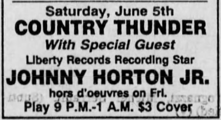 A newspaper advertisement for a performance by 'Johnny Horton Jr.' at 'Country Thunder' on Saturday, June 5th. It mentions him as a 'Liberty Records Recording Star'.