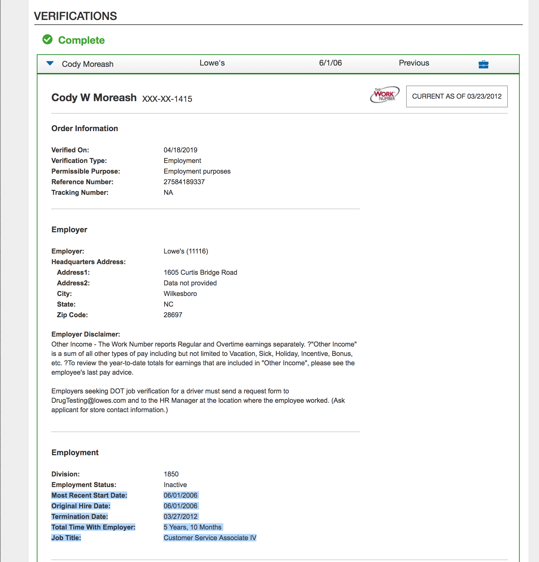 A screenshot of an employment verification report for Cody W Moreash, showing his past employment at Lowe's from 2006 to 2012.