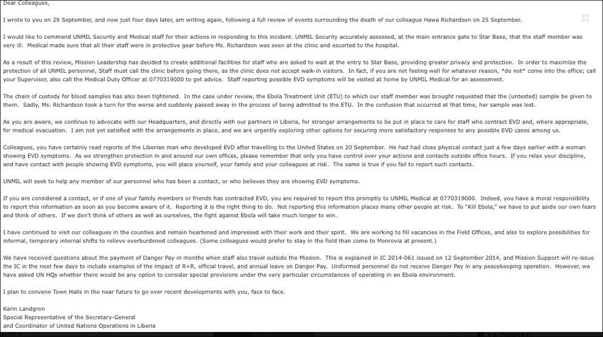 An October 3 UN classified document on UN staff who had died from Ebola