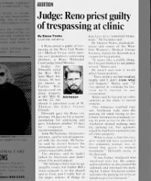 A newspaper clipping with the headline 'Judge: Reno priest guilty of trespassing at clinic' featuring a small portrait of Father William Aitcheson.