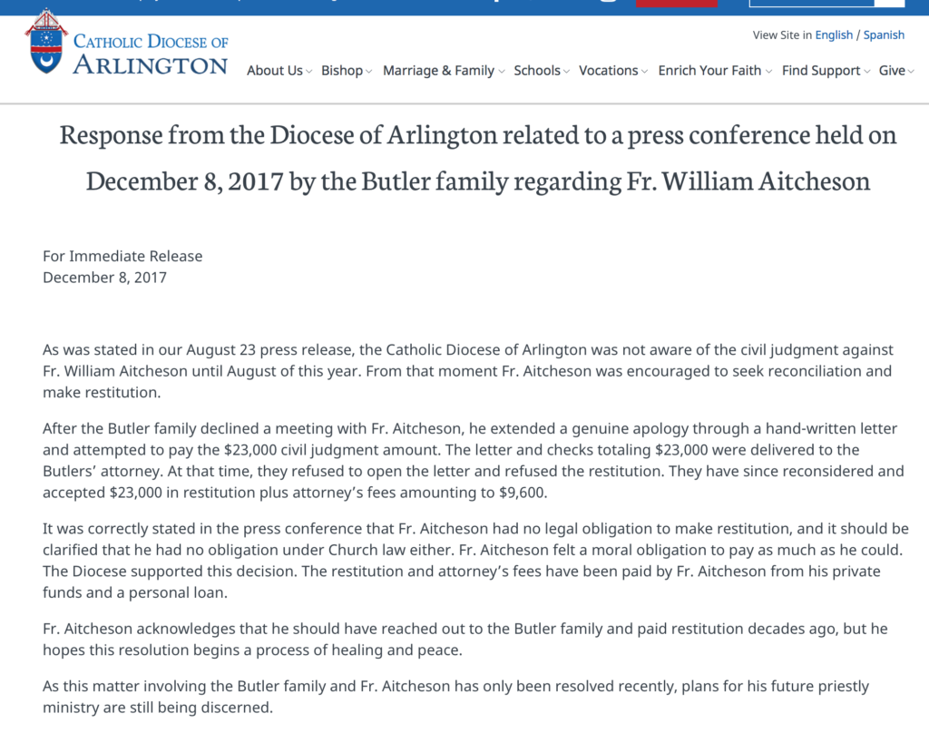 A screenshot of a press release from the Catholic Diocese of Arlington titled 'Response from the Diocese of Arlington related to a press conference held on December 8, 2017 by the Butler family regarding Fr. William Aitcheson'.