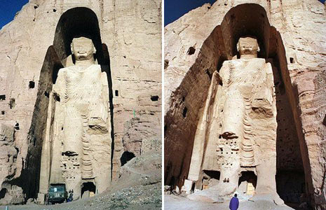 A side-by-side comparison of the Buddhas of Bamiyan in Afghanistan, showing the massive cliff-carved statue before and after its destruction by the Taliban.