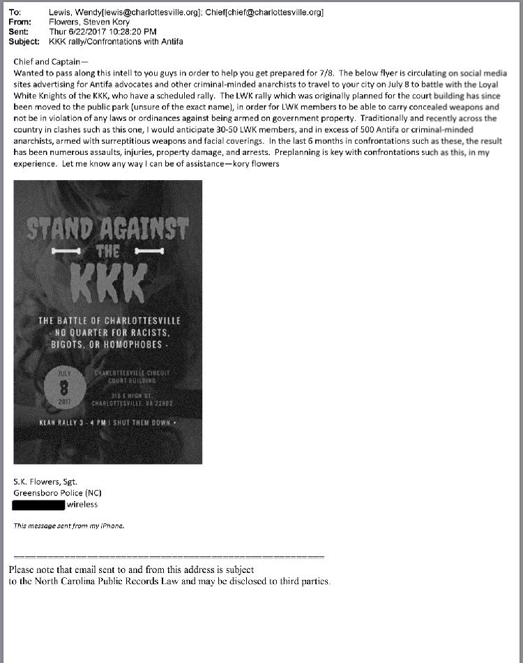 A screenshot of an email from Sgt. S.K. Flowers of the Greensboro Police to Charlottesville officials regarding an upcoming KKK rally and potential confrontations with Antifa, including a 'Stand Against the KKK' flyer.